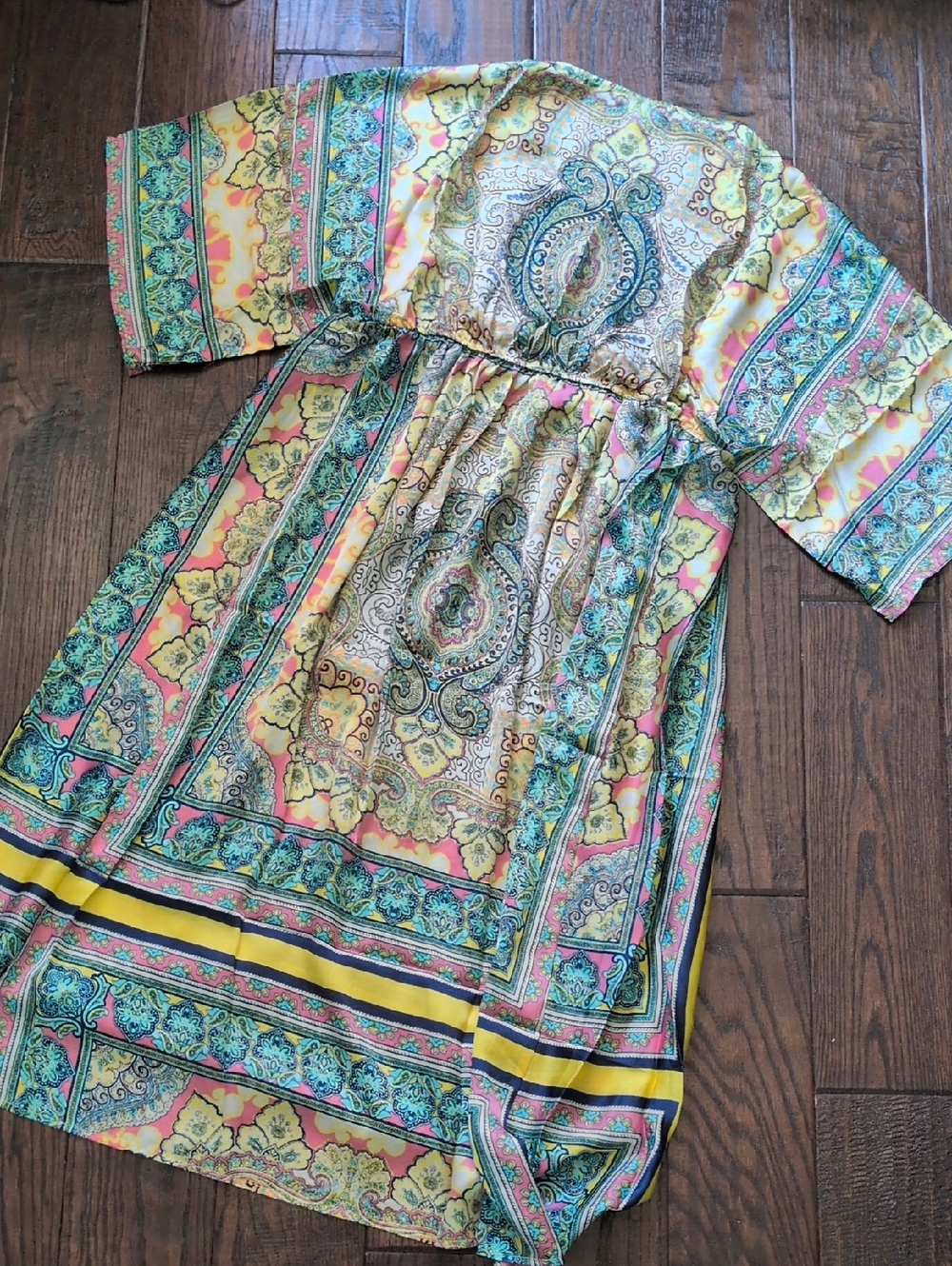 SUNDANCE I NWT Bella Verona Boho Mixed Print Kimono Style Silky Dress, L - Picture 5 of 13